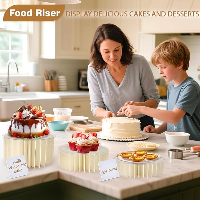 Buffet Risers, 11.8in Large Foldable Display Stand Food Risers for Buffet Table, Dessert Table Display Set with Mini Signs, White Cardboard Cylinder Display Stands Risers for Cake Jewelry Figure Party