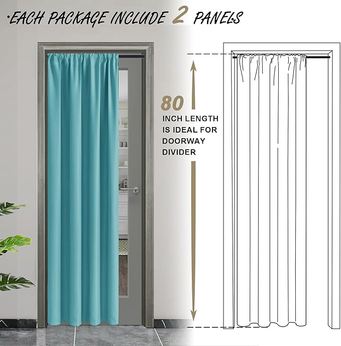 JIUZHEN 80 Inch Length Door Curtains for Doorway Privacy Insulated Blackout Curtains with Tiebacks Rod Pocket Room Divider Curtain Cover for Bedroom Closet Door, Set of 2, 42 x 80 Inch, Turquoise