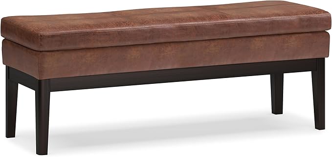 SIMPLIHOME Carlson Ottoman Bench - 45 inch Wide Upholstered Vegan Leather Rectangle Ottoman in Distressed Saddle Brown, Mid Century Modern Bench for Bedroom or Living Room with Padded Seat