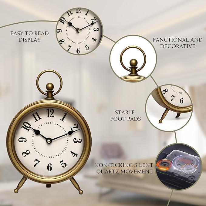 Vintage Table Clock on Stand, Decorative Desk and Shelf Clock Farmhouse Mantel Non-Ticking Clock Rustic Metal Frame with Antique Gold Finish