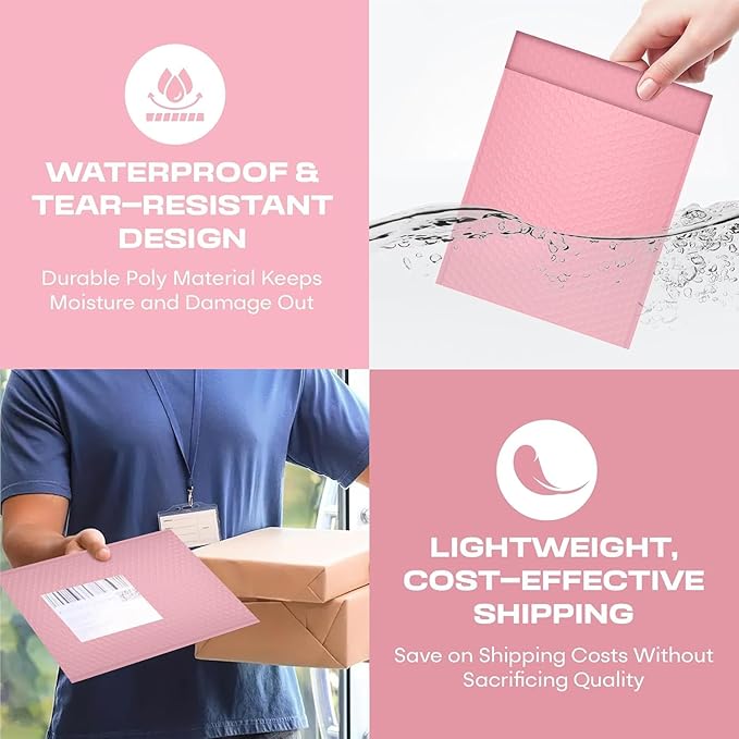 Light Pink Large Poly Bubble Mailers 12x15 inch | Self Seal Padded Envelopes Cushioned Bubble Mailer | Usable Size 12x15 | WaterProof | Lightweight mailing Shipping Bags | 100 Pack Bulk