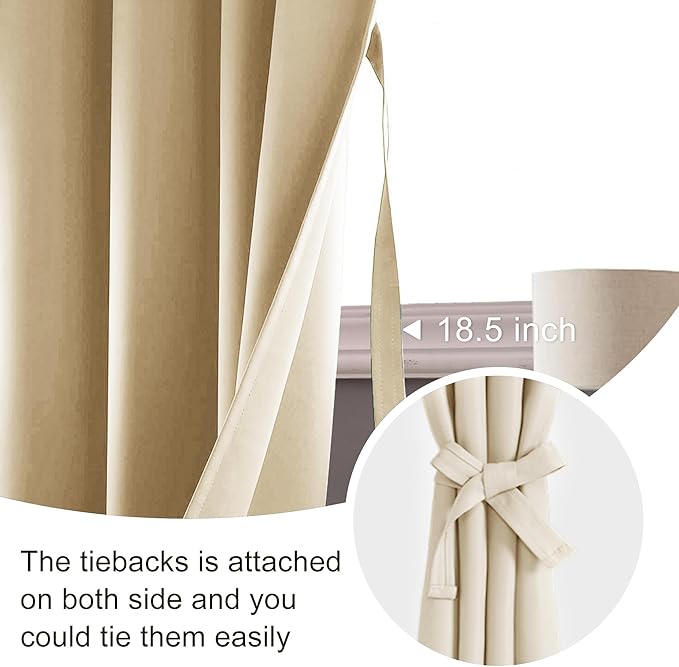 JIUZHEN Blackout Curtains for Bedroom - Thermal Insulated Noise Reducing Privacy Short Curtain for Living Room, Set of 2 Panels with Tiebacks, 52 x 54 inches Long,Light Beige