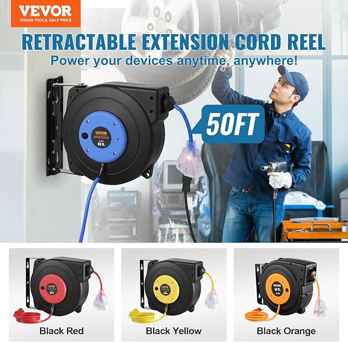 VEVOR Retractable Extension Cord Reel, 50 FT, Heavy Duty 14AWG/3C SJTOW Extension Power Cord with Lighted Triple Tap Outlet, 13A Circuit Breaker 180° Swivel Bracket for Ceiling or Wall Mount, Blue
