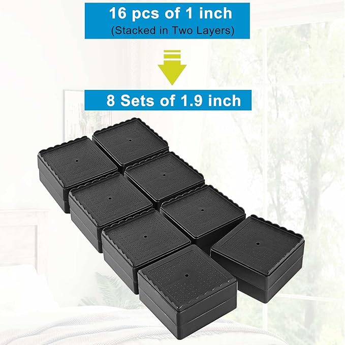 Bed Risers 1 inch, 2 inch, 3 inch, 4 inch Heavy Duty, Adjustable Furniture Riser for Table Desk Couch Sofa Chair Recliner Leg Frame Dorm, Stackable Bed Raisers Blocks (Black 8 Pack, 1+1 inch)