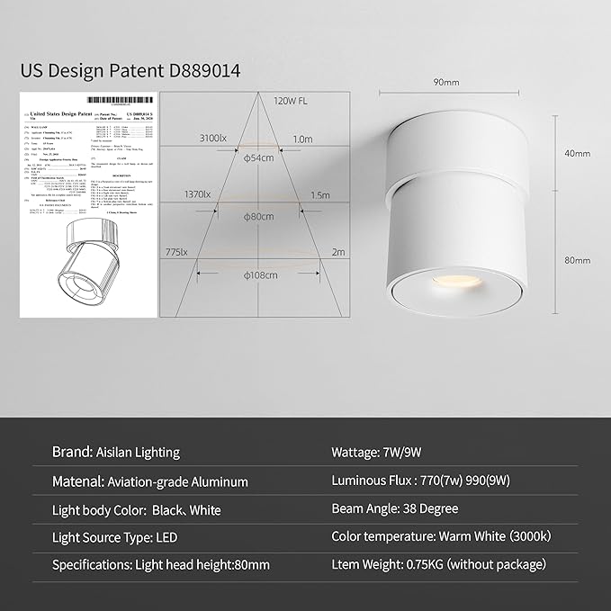 Aisilan LED White Adjustable 360° Pivoting Ceiling Spot Light Indoor, CRI 97, 7W 3000K Warm White Aluminum Directional Spotlight Lamp for Picture Painting Living Room Lighting