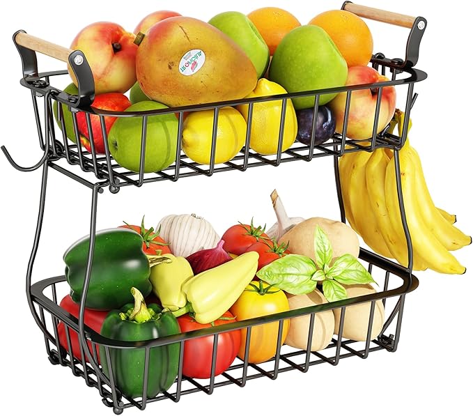 ANTOPY 2 Tier Fruit Basket with 2 Banana Hangers, Countertop Fruit Vegetable Basket Bowl for Kitchen Counter Metal Wire Fruits Storage Stand Holder Organizer for Bread Snack Veggies Produce