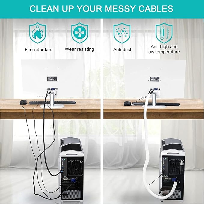 6.6ft - 4/5 inch Grey Cable Sleeve, Cable Organizer for Desk PC TV Computer, Wire Protector Cable Wrap Cover, Cord Management for Home Office