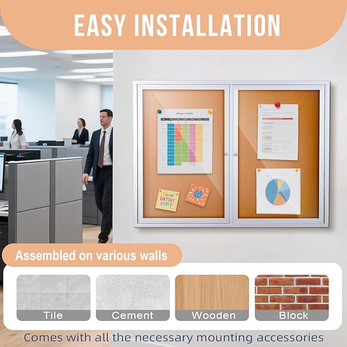 Enclosed Cork Bulletin Board 48"x36" Outdoor Weatherproof Cork Noticeboard with Locking Door Wall-Mounted Silver Aluminium Frame for Home, School, Office, Community, Hospital
