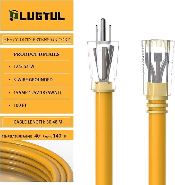 PLUGTUL 12 Gauge Extension Cord 100 Ft, Heavy Duty Outdoor Extension Cord Waterproof Lighted End SJTW, 3 Prong Grounded Plug for Safety, 15A 1875W, ETL Listed, Great for Garden and Home, Yellow