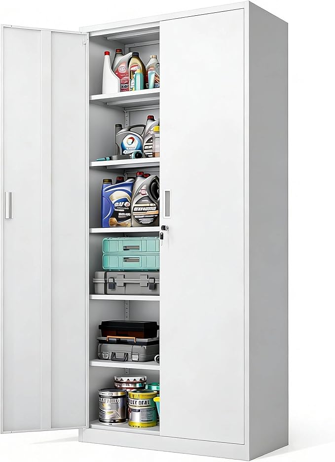 VINGLI Metal Garage Storage Cabinet with 2 Doors and 5 Adjustable Shelves, 71" Tall Steel Lockable File Cabinet, Locking Tool Cabinets for Home Office Garage Gym School (White)