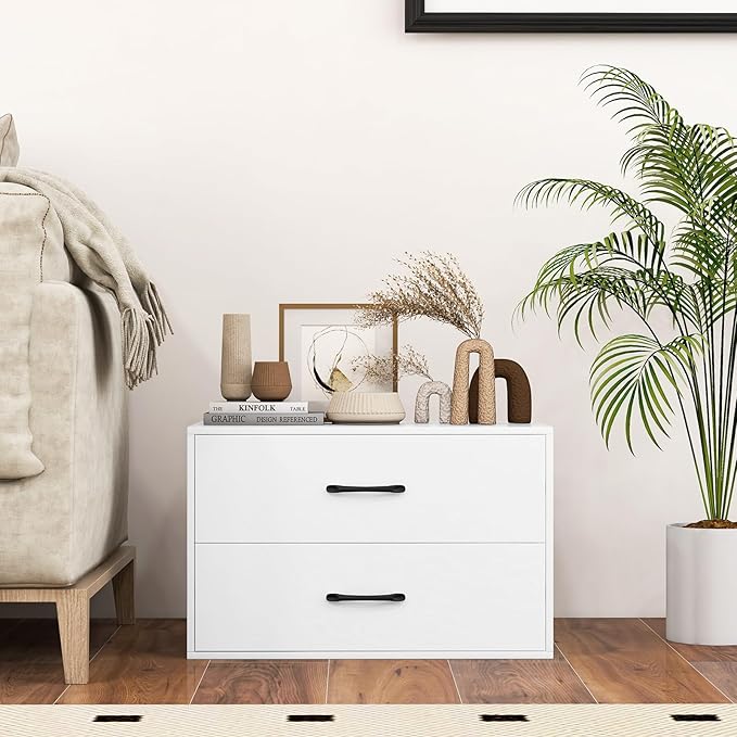 GOFLAME Stackable 2-Drawer Dresser, Wood Horizontal Storage Organizer with Metal Handle & Smooth Sliders, Lateral File Cabinet with Anti-tilt Kit for Bedroom Office, White