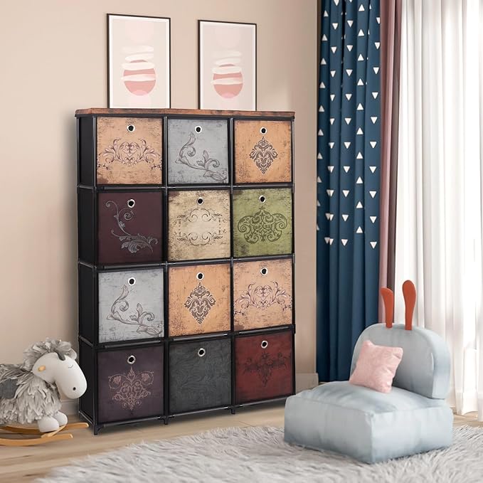 Storage Tower Unit with 12 Drawers, Vintage Floral Cube Organizer Shelf, Tall Fabric Dresser for Bedroom, Closet, Nursery, Hallway, Entryway