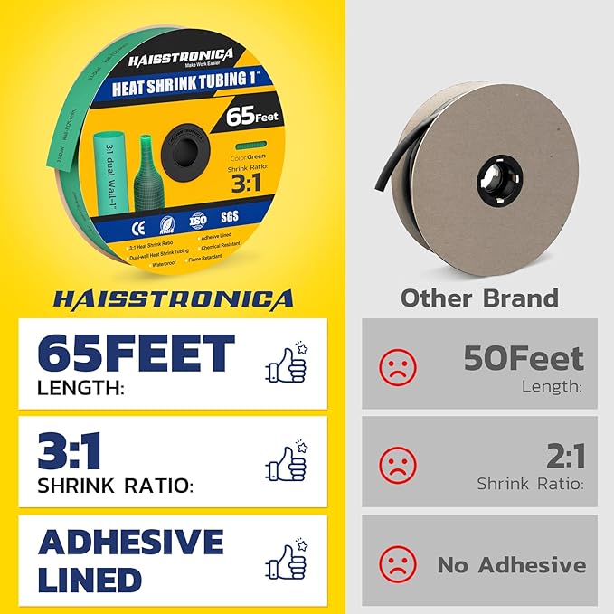haisstronica 3:1 Heat Shrink Tubing, Shrink Ratio Adhesive Lined Marine Grade Heat Shrink Tube for Home, Automotive and Industrial (Green) 65FT 1inch