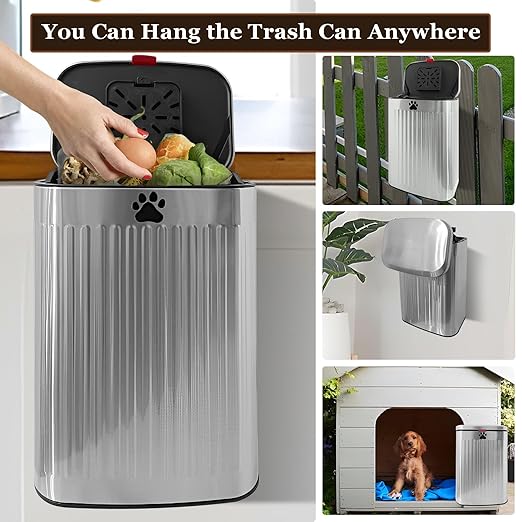 2.1Gal Dog Waste Trash Can, Wall-Mounted, Stainless Steel, 8L, Silver, Rectangular, Heavy Duty, Open-Top, 8.7 x 6.1 x 12.5 inches, 40 Bags Included