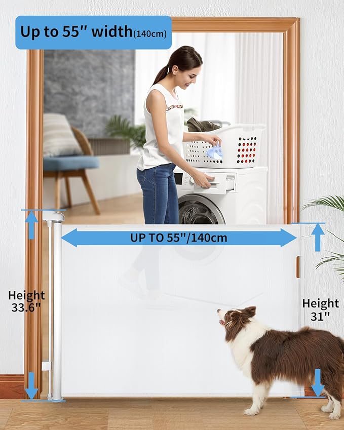 Retractable Baby Gate for Doorways and Stairs, Mesh Safety Gate for Pet, Indoor & Outdoor Use, One-Hand Operation, Easy Installation, 33.6" Tall, Expands to 55" Wide（White,33.6"x55")