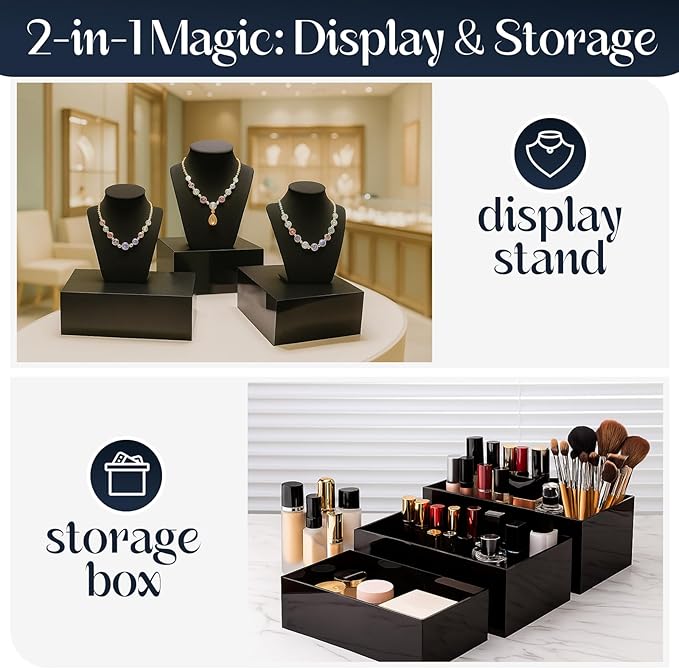3 Pack Extra Large Acrylic Buffet Risers - 15”, 14”, 13” Black Display Stands with Hollow Bottoms, Cube Riser Boxes Nesting for Dessert Food Catering Buffet Display Party Supplies