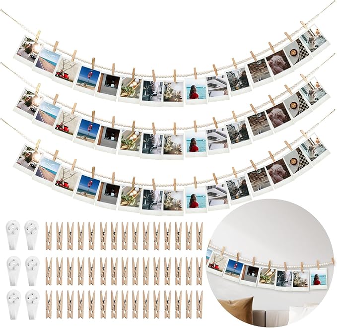 Hanging Photo Display Wall Decor with 45 Wood Clips, YuanDe 67 Inches Boho Wooden Bead Garland Collage Picture Frame Photos String DIY, Photo Hanger for Bedroom Office Dorm Room Decor Gifts(3PCS)