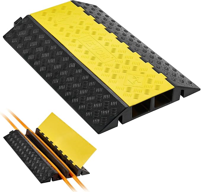 VEVOR Rubber Cable Protector Ramp, 2 Channel Heavy Duty Rubber Cord Hose Wire Cover, 4'' W x 3'' H Large Channel Size, Driveway Traffic Speed Bump with Flip-Open Top Cover, for Indoor Outdoor Use