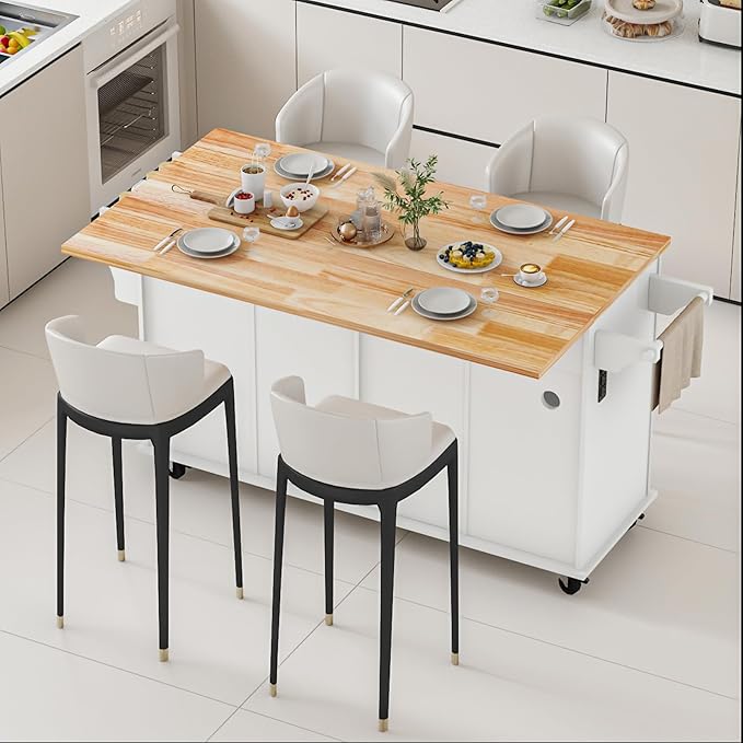 67’’ Movable Kitchen Island with Drop Leaf and Power Outlet, Lockable Sliding Countertop Rolling Island Cart with 2 Large Drawers, Spice, Towel Rack,White