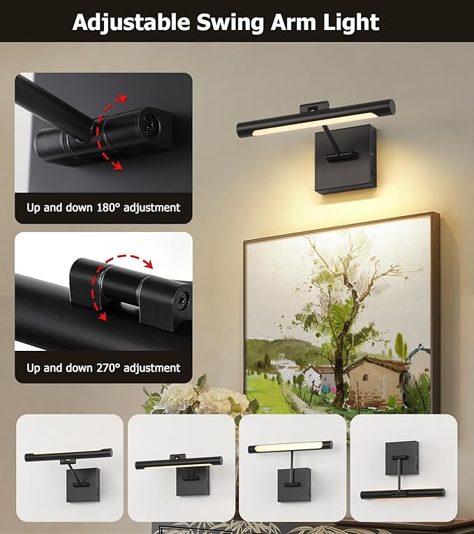 Joosenhouse Battery Operated Picture Light (2-Pack), 5000mAh Rechargeable Wall Light, Wireless Art Display Light with Remote Timer and Dimmer, 12.6-Inch Black Painting Light