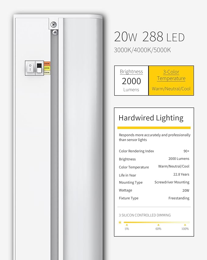 Hardwired Under Cabinet Lighting 36 Inch, 3 Color Settings - Soft White(3000K), Bright White(4000K), Daylight White(5000K), 2 Pack Linkable Dimmable Under Counter Lights for Kitchen, CRI 97
