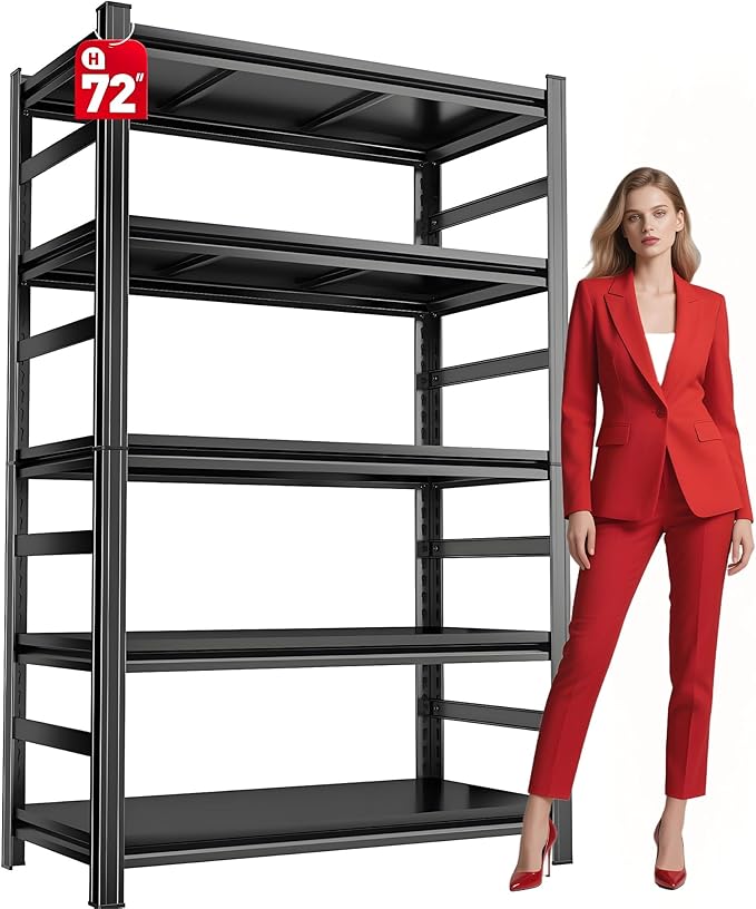 Garage Shelving Units, Heavy Duty 5-Tier Storage Shelves, Metal Adjustable Storage Rack, Steel Shelves, 2750 lbs Capacity, Industrial Shelving for Heavy Tools (Black, 16"Dx36"Wx72"H, 5-tier)