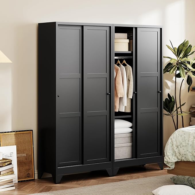 Letaya Metal Wardrobe Cabinets,68" Tall Armoire Wardrobe Closet with Sliding Barn Doors and Shelves,Large Coat Closet Cabinet with Hanging Rod,Clothing Storage Cabinets for Home Room (Black)
