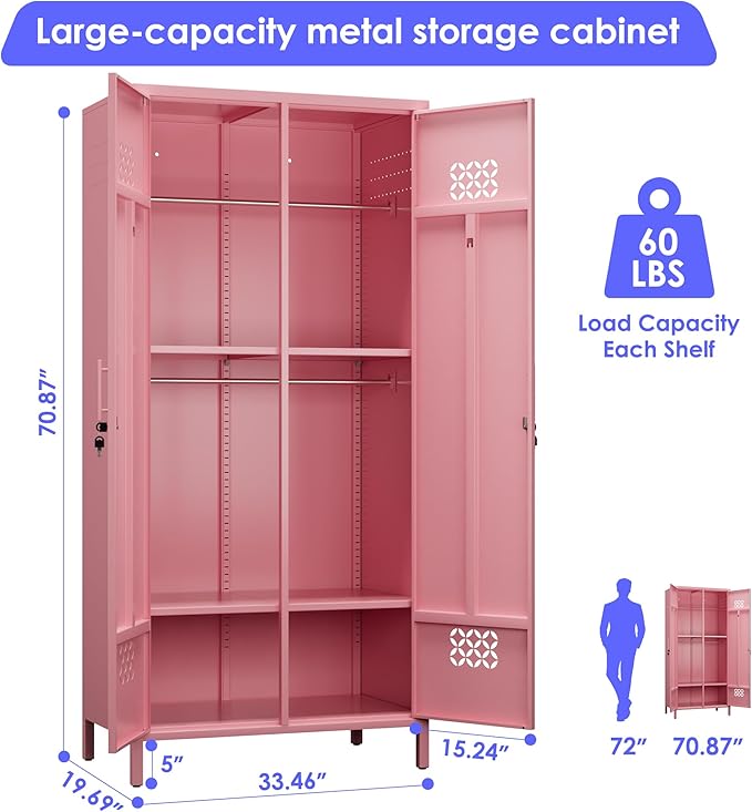 Aobabo Metal Wardrobe Cabinets with Lock, 2 Door Metal Closet wtih 4 Adjustable Shelves and 2 Hannging Rod, Lockable Locker Cabinet, Storage Locker for Home, Office,Pink, Assembly Required