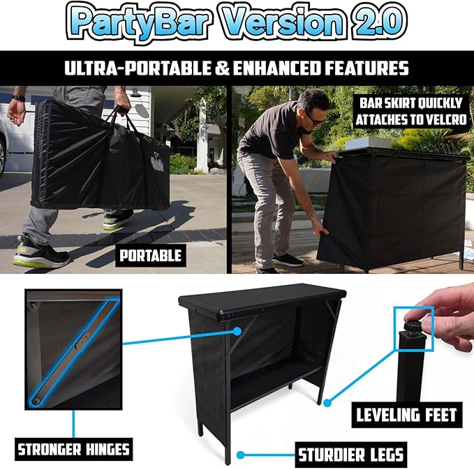 PartyLife New & Improved Portable Bar Table w/LED Lights, Wireless Remote, Folding Legs, 2 Bar Skirts, Heavy-Duty Storage Shelf & Carrying Case - White