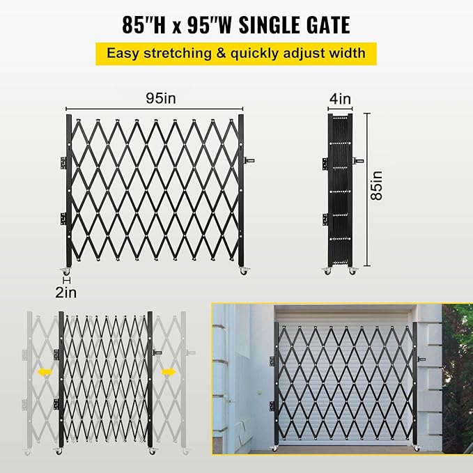 VEVOR Single Folding Security Gate, 7.25 ft H x 7.8 ft W Folding Door Gate, Steel Accordion Security Gate, Flexible Expanding Security Gate, 360° Rolling Barricade Gate, Scissor Gate/Door with Padlock