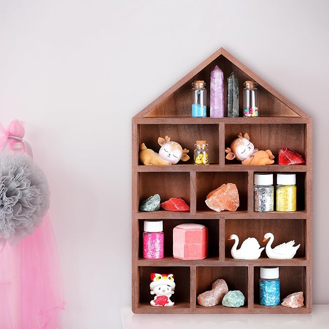 House Shaped Wooden Shadow Cubby Box 10 W x 2 1/4 D x 15 H Hanging Display Shelf Organizer Wall Mounted Curio Cabinet Wooden Display Case Miniature Shelf for Figures(Brown)