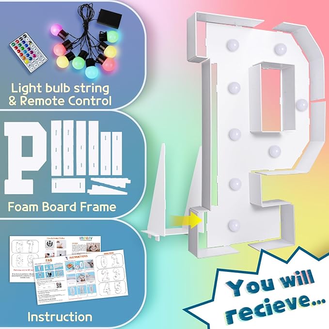 imprsv 3FT Colorful Marquee Letters P, 18 Colors Large Light up Letters Alphabet Sign with Remote, Big Marry Me Sign, Birthday Party Decorations Anniversary Wedding Decoration