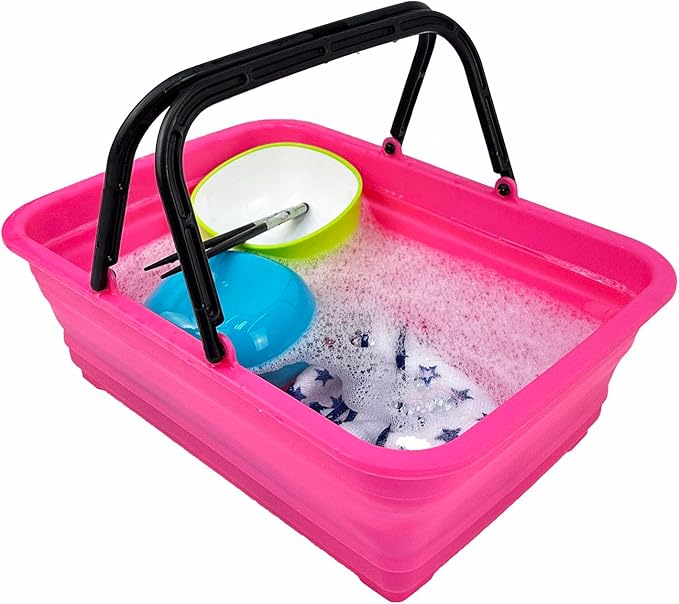 SAMMART Collapsible Basket with Handle 8L (2.1 Gallon)- Portable Outdoor Picnic Basket/Crate - Foldable Basin for Washing Dishes,Camping,Hiking (Golden Yellow+Mandrain Red+Rose Pink (Set of 3))
