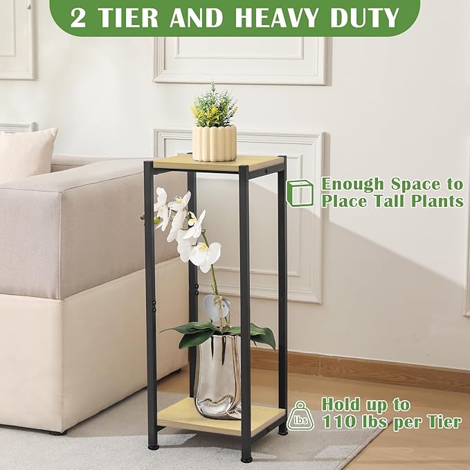 Tall Plant Stand Indoor,31 Inch Plants Stands,2 Tier Metal Plant Stand with Heavy Duty Wood,Yellow Oak and Black