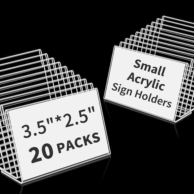 20 PCS 3.5 x 2.5 inch Small Acrylic Sign Holder, Mini Acrylic Food Signs Labels for Party Buffet, Retail Price Display Holder, Clear Plastic Counter Top Stand for Place Cards, Name Card, Wedding Signs