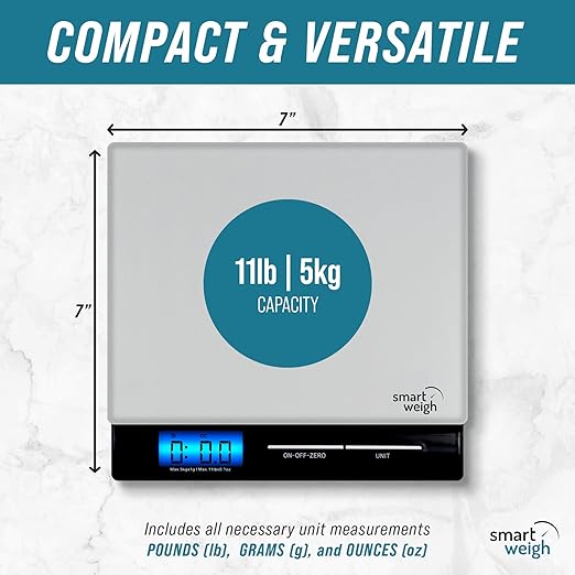 Smart Weigh Professional USPS Postal Scale with Tempered Glass Platform, Multiple Weighing Modes and Tare Function, Silver Shipping Scale, Platform Scale, 11 pounds/ 5 Kilograms