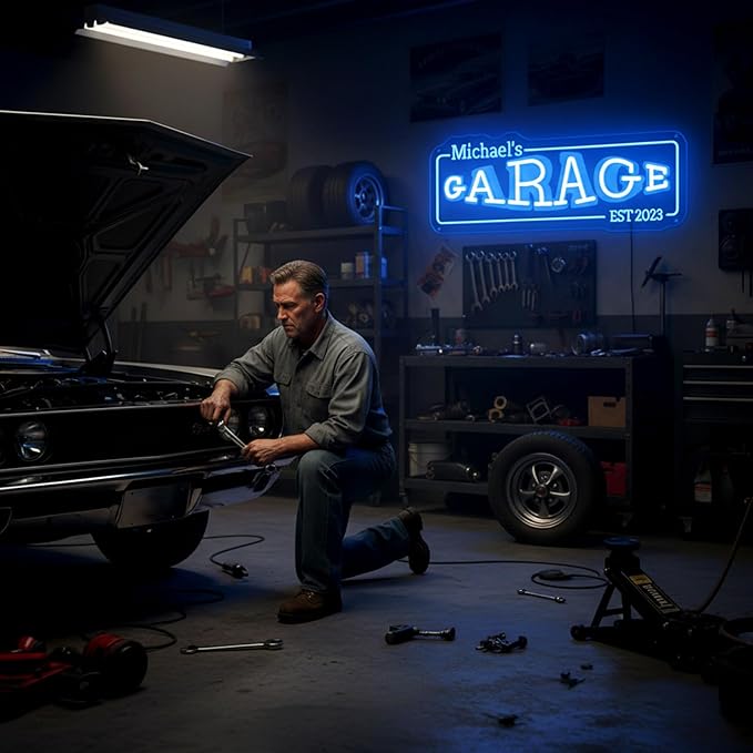 Custom Garage Neon Sign, Personalized LED Garage Decor for Men, Custom Name Light for Man Cave, Auto Repair Shop, Workshop & Mens Room Decor, Christmas Gifts for Dad, Gifts for Car Guy