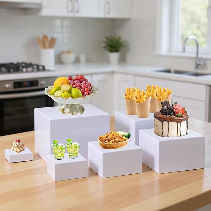 6PCS Buffet risers Acrylic Cubes for Display Food risers for Buffet Table White Dessert Table displays Set Cube Boxes Display Nesting Riser Stands Cupcake Stands for decor5/6/6.8/7/7.5/8IN
