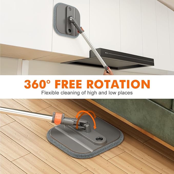 Upgraded Spin Mop and Bucket System Set, Self Separate Clean and Dirty Water, Foldable Square Standing Mop Head with Microfiber Mop Pads, Detachable Bucket (Grey+Orange, Mop Set with 2PC Pads)