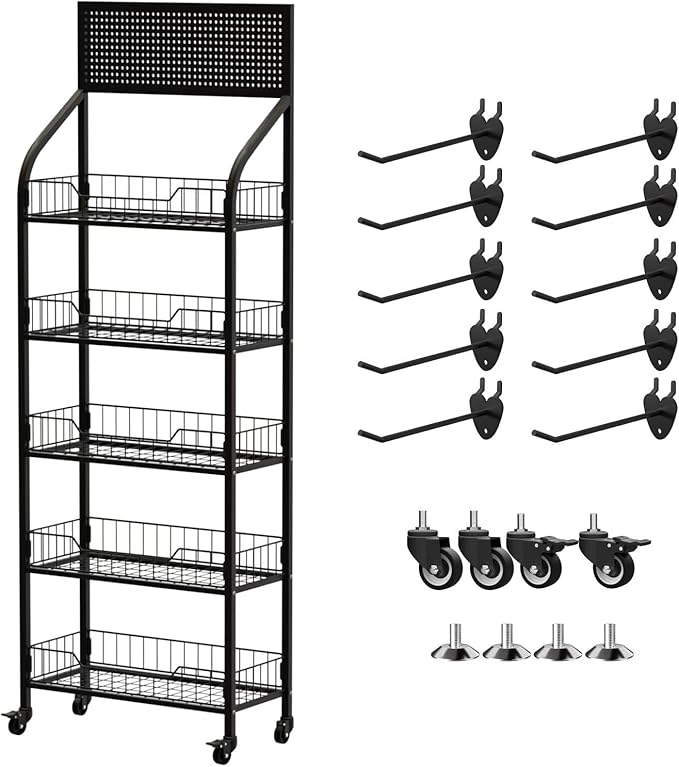 5-Tier Heavy-Duty Snack Rack Display Stand with Wheels - 300lbs Capacity, Silent Roll & Lock System, for Pantry/Retail/Office Organization