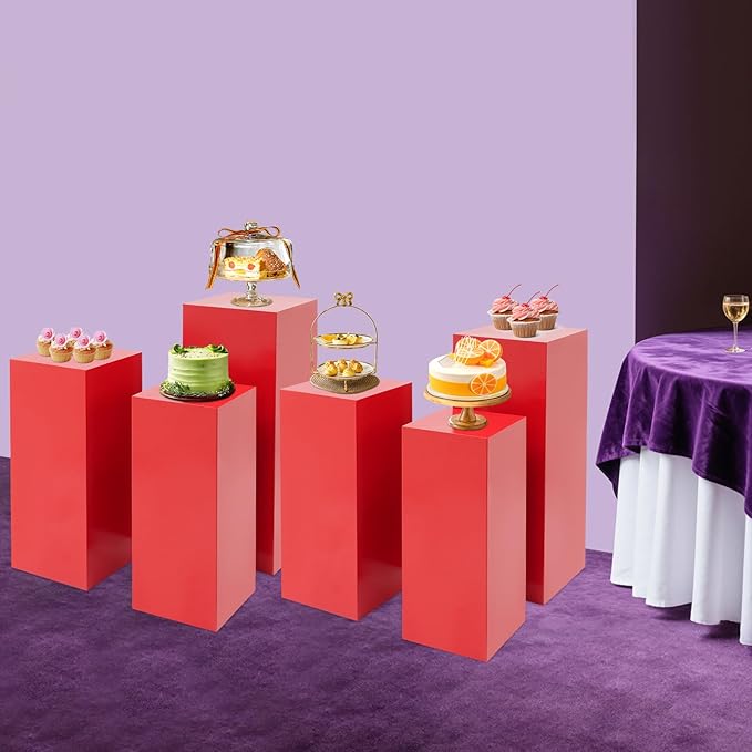 6pcs Metal Square Pedestal Stand, 23.6"/25.6"/31.5" Red Display Plinth Pillars for Party, Decorative Cube Sculpture Column, Tall Pedestal Cake Stands for Wedding Ceremony