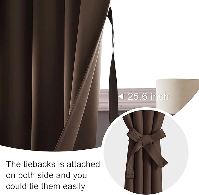 JIUZHEN Blackout Curtains for Bedroom - Thermal Insulated Room Darkening Noise Reducing, 52 x 45 Inch Length Curtains for Living Room, Set of 2 Panels with Tiebacks, Brown