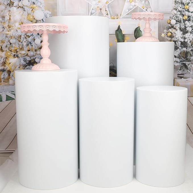 Cylinder Stands for Party, 3Pcs/5Pcs Set, Sturdy Metal Round Pedestal Stands for Wedding Party Art Decor, Dessert Table (White-5pcs)