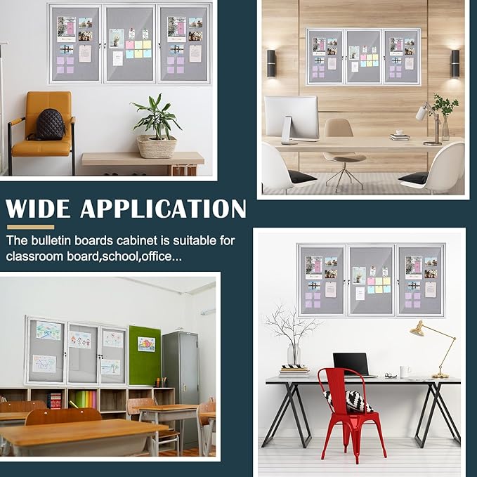 Enclosed Bulletin Board 72" x 36" Weather Resistant Lockable 3 Door Weatherproof Wall Mounted Enclosed Cork Board Aluminum Frame Display Case for Office, School, Commercial, 18xA4(Gray)