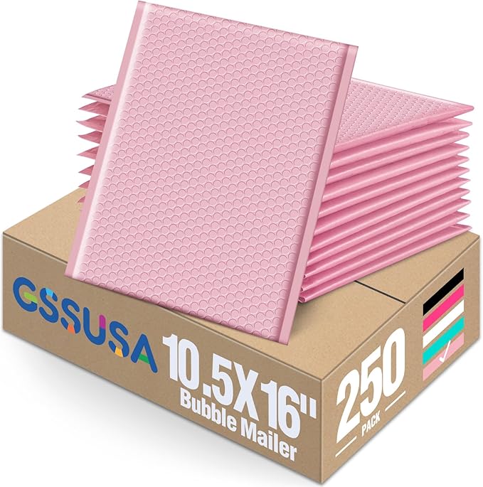 GSSUSA Large Bubble Mailers 10.5x16 Inch 250 Pack Light Pink Padded Envelopes, Strong Adhesion Self-Seal Bubble Envelopes for Mailing Clothes,Magazines