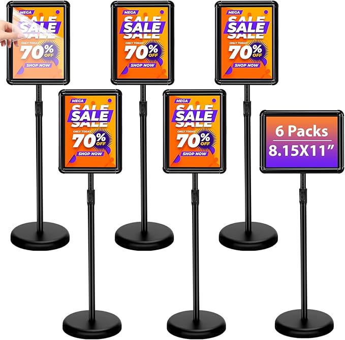 6 Pack Adjustable Sign Stand Holder 8.5'' x 11" Heavy Duty Floor Standing Sign with Base and Snap open Frame Pedestal Stand for Indoor Outdoor Display Vertical Horizontal View (Round Corner)