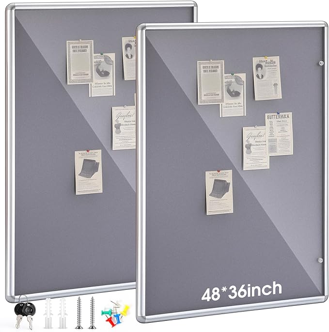 Suzile 2 Pcs Gray Enclosed Bulletin Board Lockable Cork Case Notice Board Aluminum Framed Waterproof Locking Cabinet with Mounting Screws for School Class Office Wall Display Pictures 48x36 Inch