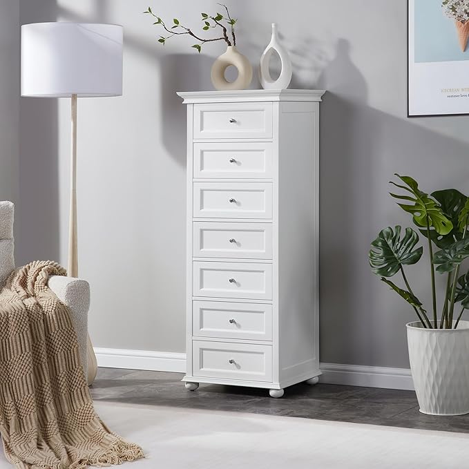 Tall White Dresser for Bedroom with 7 Drawers, 52" Tall Chest of Drawers Modern Wooden Lingerie Chest with Crown Molding and Solid Wood Ball Legs, Anti-0xidation Zinc Alloy Knob(White)