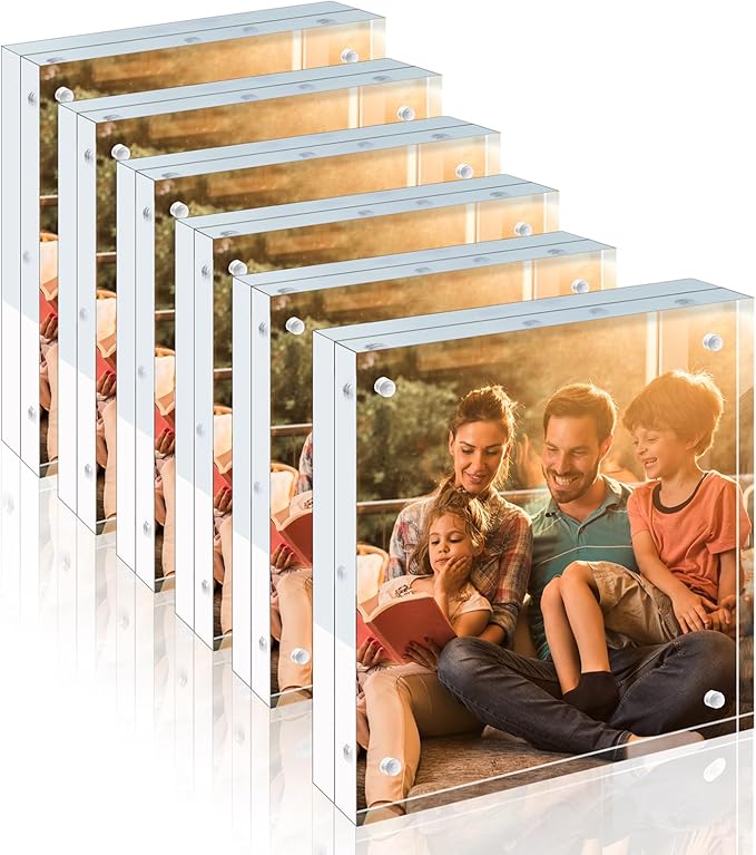 Egofine 8x8 Acrylic Frame 6 Pack, 20mm Thicker Frameless Clear Picture Frame, Double Sided Magnetic Picture Frame, Free Standing Desktop Display
