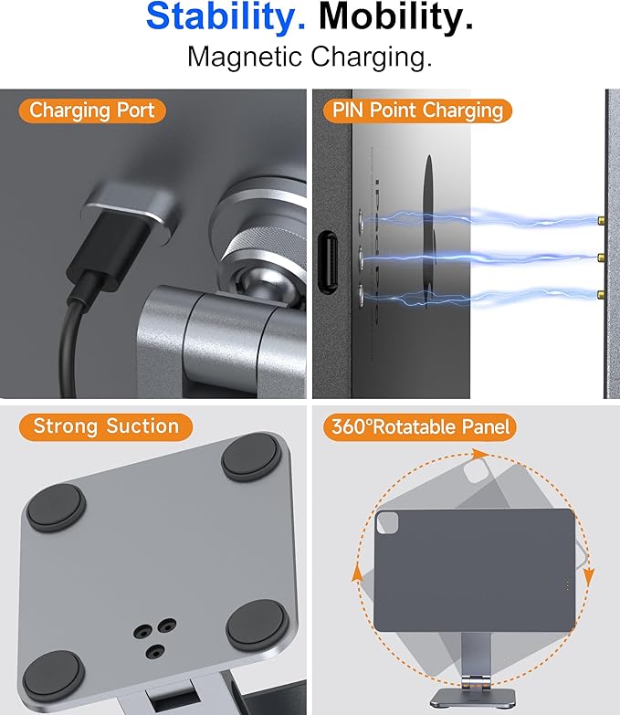 Magnetic iPad Stand with Wireless Charging, 35W Contact Fast Charger, Suction Cup Base, 360° Rotating Panel & Foldable, Compatible with iPad Pro 13" M5 & M4 ONLY, Work & Study Desk - Gray